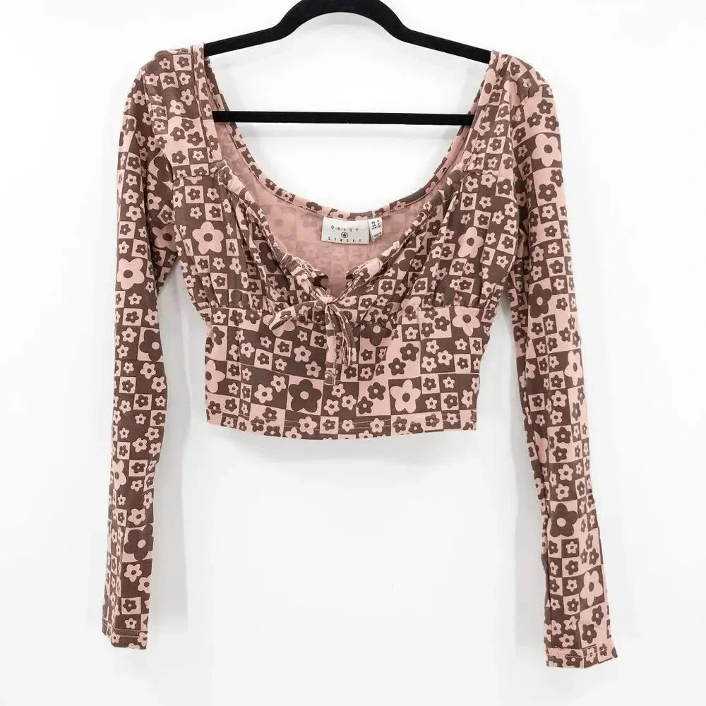 NWT Urban Outfitters Daisy Street Pink Brown Floral Long Sleeve Crop Top Size XS